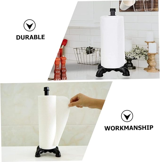 OSALADI Industrial Style Water Pipe Paper Towel Holder Vintage Black Kitchen Tissue Rack Weighted Base Suitable for Home and Restaurant Use