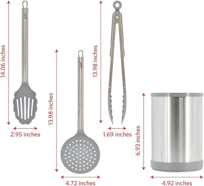 Glad Kitchen Utensils Set, 8pcs - Nonstick Cooking Tools with Stainless Steel Handles & Rotating Utensil Holder - Turners, Ladle, Spoon, Tongs, Spaghetti Server, and Skimmer - Dishwasher Safe, Grey