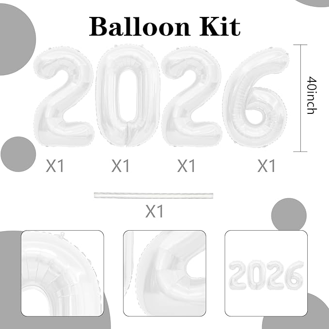 2026 Balloons, 40 inch 2026 White Number Balloons, 2026 Happy New Years Decorations, Large Foil Balloons Number for New Years Eve Party Supplies 2026, Class of 2026 Graduation Decorations