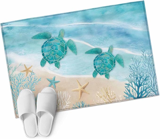 Area Rug 2x3ft, Sea Turtle Starfish Coral Washable Rugs for Living Room Bedroom, Summer Seaside Ocean Life Soft Non-Slip Area Rugs Rectangle Floor Carpet for Dining Room