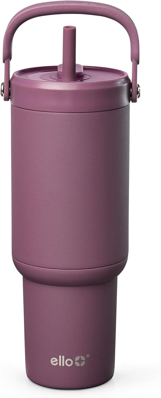 Ello Oasis Go+ 26oz Tumbler with Top Handle and Retracting Straw | Reusable Insulated Stainless Steel Cup, 100% Leakproof Water Bottle, 24 Hours Cold, Cup Holder Friendly For Travel | Wild Rasberry