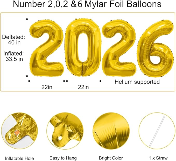 2026 Balloons 40 Inch Gold 2026 Number Balloons 2026 Decorations Happy New Year Balloon Large 2026 Foil Mylar Balloon Number for New Year Eve Party Supplies Graduation Birthday Anniversary Decorations