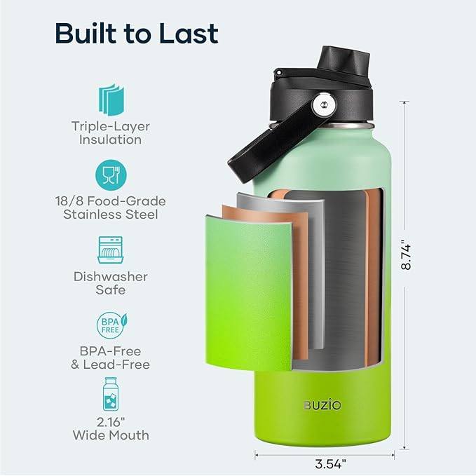 BUZIO 32oz Insulated Water Bottle, Triple Wall Vacuum Stainless Steel Water Flask with Straw Lid, BPA-Free Leakproof Sports Canteen for Sports Hiking, Cold 48H & Hot 24H- Gradient Green