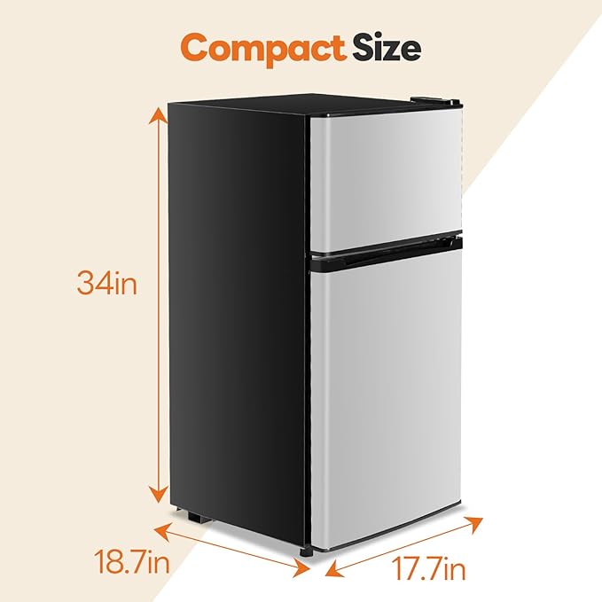 Sweetcrispy 3.2 Cu.Ft Mini Fridge with Freezer, 2 Door Small Refrigerator with Adjustable Thermostat Energy-efficient Low Noise, Compact Fridge for Bedroom, Office, Dorm, Silver