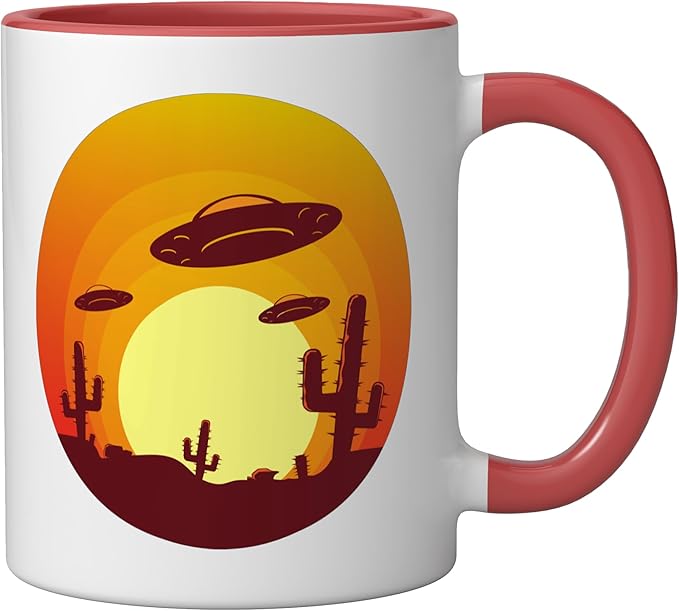 UFO Alien Abduction Conspiracy Vintage Nevada Desert Sunset Ceramic Mug, Red/White
