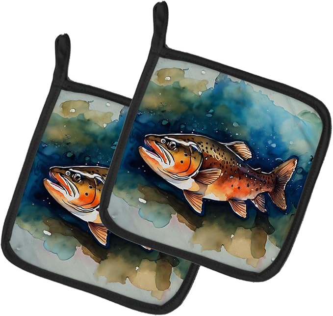 Caroline's Treasures Brown Trout Pair of Pot Holders Kitchen Heat Resistant Pot Holders Sets Oven Hot Pads for Cooking Baking BBQ, 7 1/2 x 7 1/2