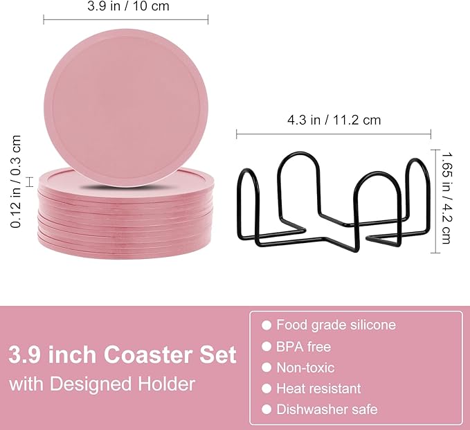 Silicone Coasters Set of 12 with Holder,Heat Resistant Cup Mat Tabletop Protection,Coasters Set for Outdoor & Indoor Drinks - Anti Stain & Heat Resistant,Washable, Heat Resistant, Non-Slip(Pink)