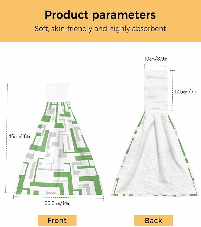 Alandar Home Kitchen Tie Towel Set of 1, Green Gray Stripes on White Absorbent Soft Hand Towels for Bathroom Hanging Towels, Modern Geometric Texture Fast Drying Cleaning Cloth with Loop