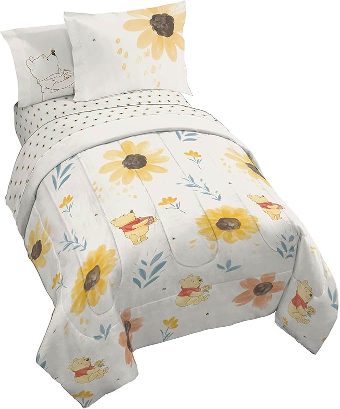 Jay Franco Disney Winnie The Pooh Full Sized Comforter Set - 7 Piece Bedding Includes Sheet Set & Pillow Covers - Super Soft Cozy Floral Bedding