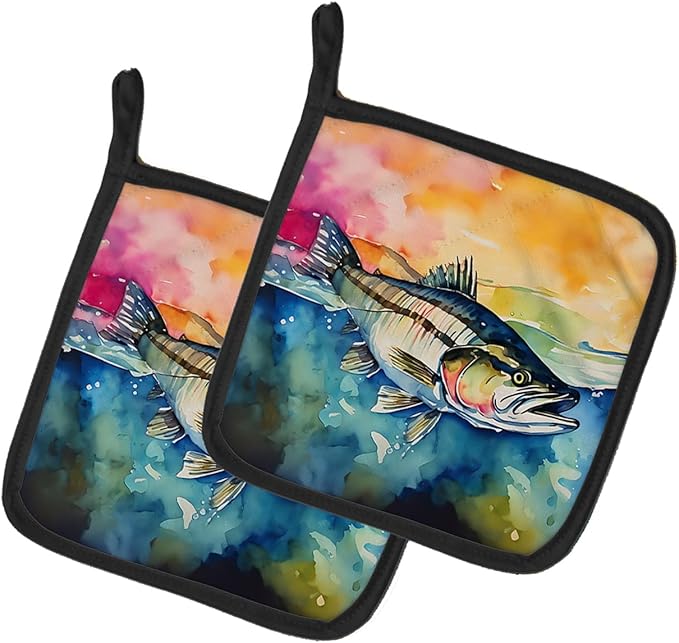 Caroline's Treasures Striped Bass Pair of Pot Holders Kitchen Heat Resistant Pot Holders Sets Oven Hot Pads for Cooking Baking BBQ, 7 1/2 x 7 1/2
