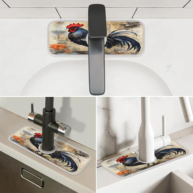 Rooster Watercolor Flowers Kitchen Sink Splash Guard Absorbent Fast Drying Mat Sink Gadgets Washable Sink Matt for Kitchen Faucet Splash Guard