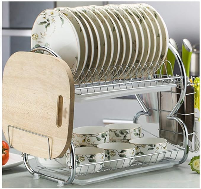 Dish Rack Drainer with Tray Dish Drying Rack with Drainboard Set for Kitchen Counter Chrome Alloy for Plate Bowls Cups Removable 2Tier
