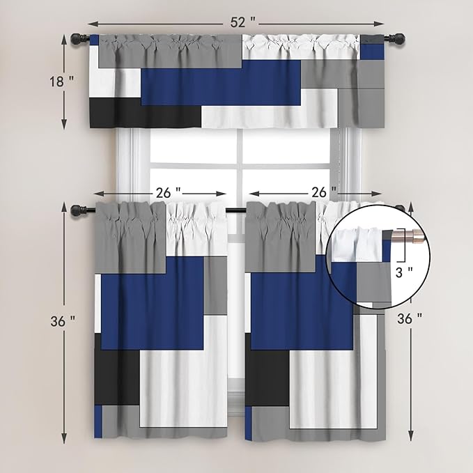 MCALK Navy Blue Blackout Kitchen Curtains Tiers and Valances Set 3 Piece for Windows Grey and Black Kitchen Window Curtains Set,White Modern Abstract Art Valances for Living Room(36" Tiers Set)