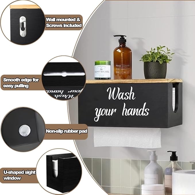 Wood Paper Towel Dispenser Wall Mount, Paper Towel Holder Mounted with Lid for Home and Commercial, Countertop C-Fold, Z-Fold, Trifold Paper Hand Towel Dispenser for Bathroom and Kitchen
