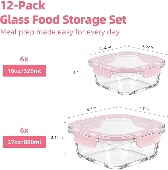 Konokyo Square Glass Food Storage Containers with Lids, 12 Pack Airtight Leakproof Meal Prep Containers, BPA-Free, Microwave Oven Freezer & Dishwasher Safe, Assorted Sizes