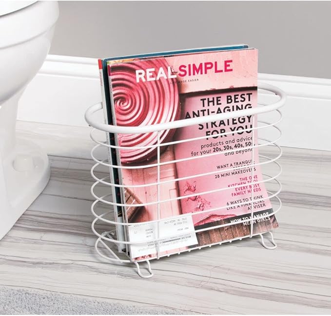 mDesign Steel Magazine Holder Storage Organizer Bin - for Bathroom, Living Room, Home Office Organization - Holds Papers, Books, Files, Folders - Omni Collection - White