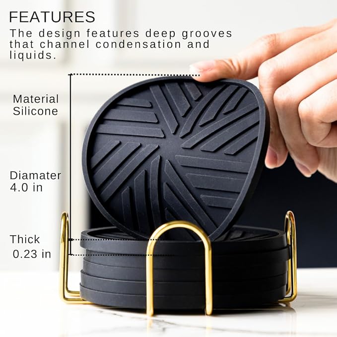 Silicone Coasters Set of 6 with Gold Holder - Smart and Modern Design That Holds Your Drink’s Condensation Protect Your Coffee Table, Decor for Home, Office, bar, Kitchen - Black