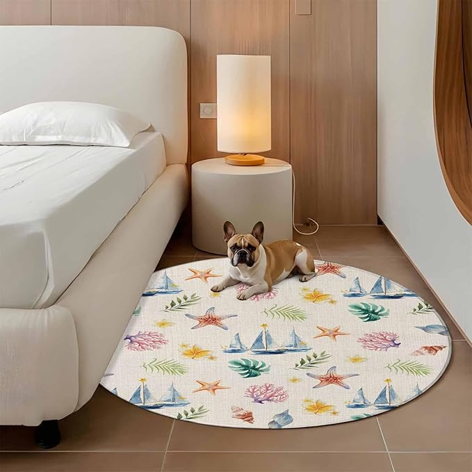 Washable Round Area Rug Summer Sea Starfish Sailboat Circle Rugs Floor Carpet for Living Room Bedroom, Marine Life Coral on Linen Soft Non Slip Round Rug 3ft