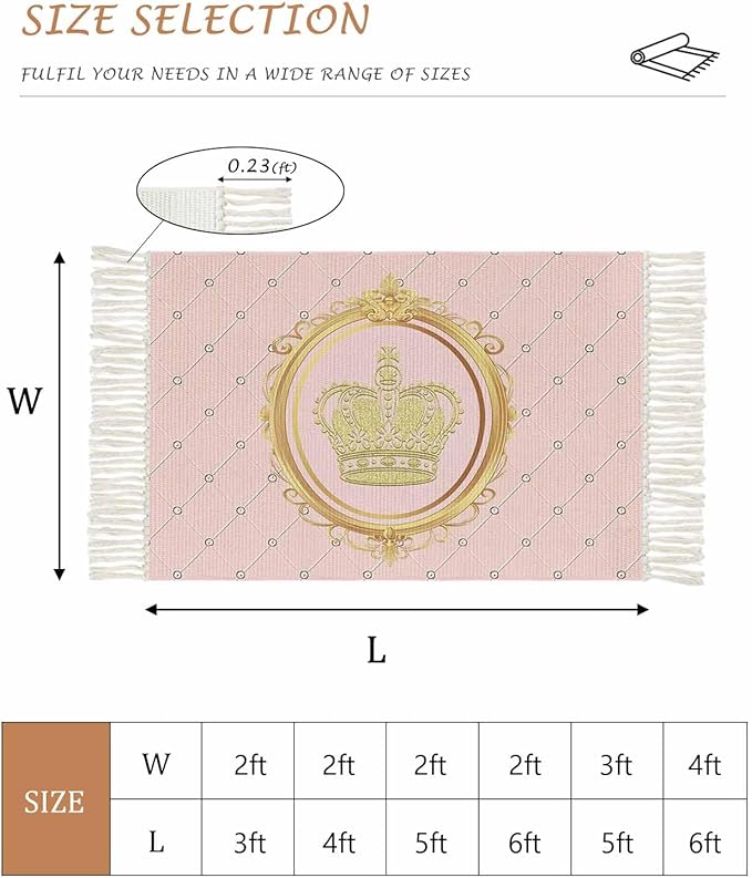 Kitchen Runner Rugs, Golden Crown Queen Pink Lattice 3'x5' Throw Rug with Tassels, White Dot Washable Soft Floor Carpet Runner for Hallway Bedroom Bathroom Laundry Room
