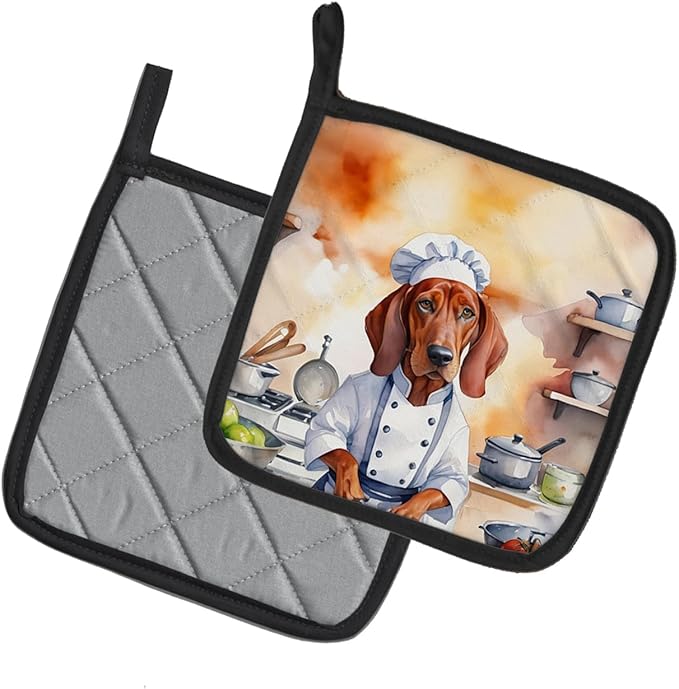 Caroline's Treasures Redbone Coonhound The Chef Pair of Pot Holders Kitchen Heat Resistant Pot Holders Sets Oven Hot Pads for Cooking Baking BBQ, 7 1/2 x 7 1/2