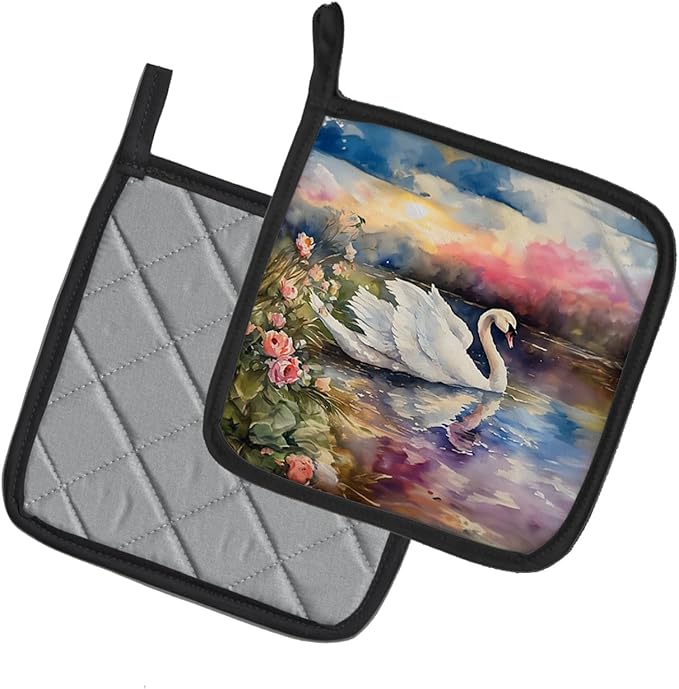 Caroline's Treasures Swan Pair of Pot Holders Kitchen Heat Resistant Pot Holders Sets Oven Hot Pads for Cooking Baking BBQ, 7 1/2 x 7 1/2