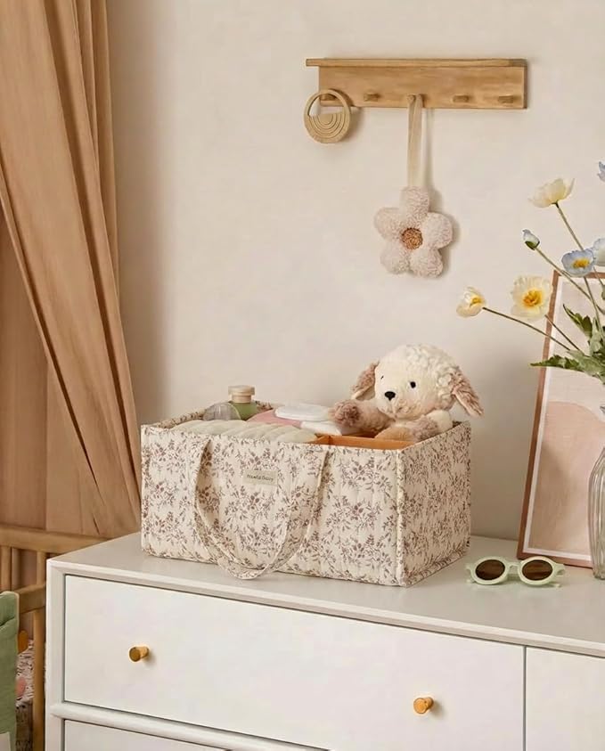 Quilted Fabric Storage Basket Floral Baby Diaper Caddy Quilted Basket Organizer for Newborn Nursery Bedroom Car Storage