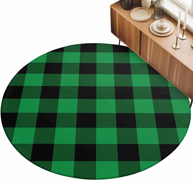 Washable Round Area Rug St. Patrick's Day Lucky Green Black Plaid Circle Rugs Floor Carpet for Living Room Bedroom, Buffalo Lattice Soft Non Slip Round Rug 3ft