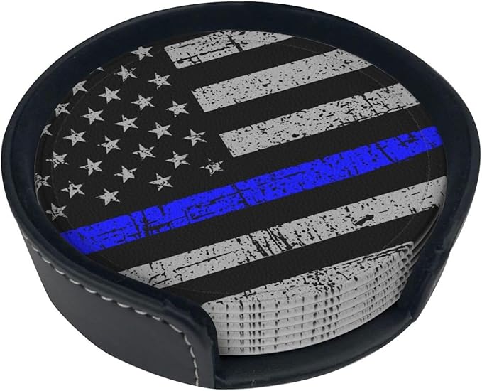 Thin Blue Line Leather Drinks Coasters with Holder, Set of 6, Suitable for Various Cups