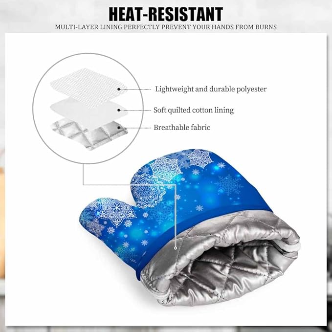 Mxocom Snowflake Oven Mitts and Pot Holders Sets Blue and White Background Silicone Heat Resistant Kitchen Oven Gloves Pot Holder for Cooking