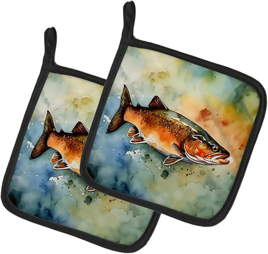 Caroline's Treasures Brown Trout Pair of Pot Holders Kitchen Heat Resistant Pot Holders Sets Oven Hot Pads for Cooking Baking BBQ, 7 1/2 x 7 1/2
