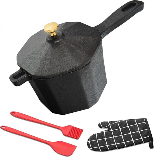 Cast Iron Sauce Pan with Lid, Small Cast Iron Basting Pot with Silicone Basting Brush, Spatula & Heat-Resistant Gloves, Mini Butter Melting Pot for BBQ Sauce, Braising, Stir-Fry & Casserole