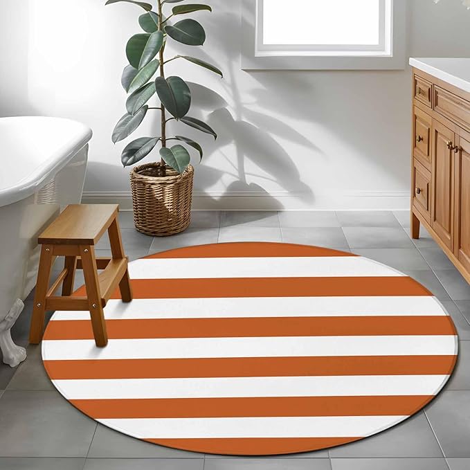 Washable Round Area Rug Farmhouse Classic Stripes Circle Rugs Floor Carpet for Living Room Bedroom, Orange White Soft Non Slip Round Rug 4ft