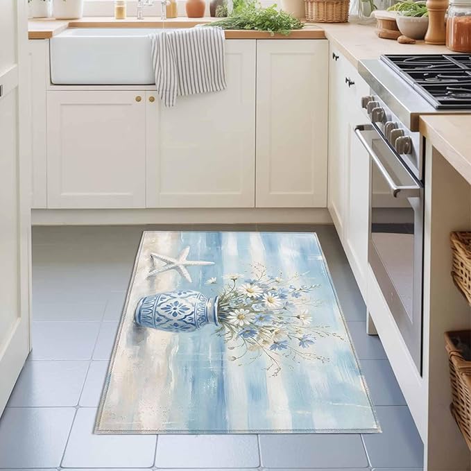 Area Rug 2x3ft, Summer Beach Starfish Flower Washable Rugs for Living Room Bedroom, Marine Theme Daisy Vase Soft Non-Slip Area Rugs Rectangle Floor Carpet for Dining Room