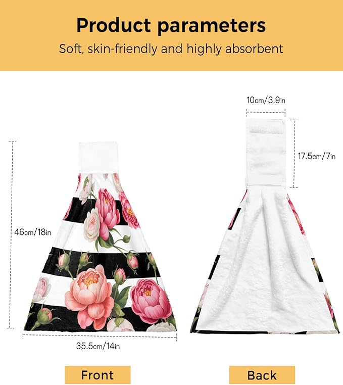 Alandar Home Kitchen Tie Towel Set of 2, Country Pink Rose Flowers Absorbent Soft Hand Towels for Bathroom Hanging Towels, Floral on Black White Striped Fast Drying Cleaning Cloth with Loop