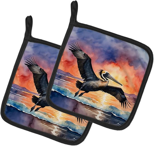 Caroline's Treasures Pelican Fiery Sunset Pair of Pot Holders Kitchen Heat Resistant Pot Holders Sets Oven Hot Pads for Cooking Baking BBQ, 7 1/2 x 7 1/2