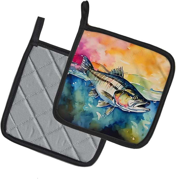 Caroline's Treasures Striped Bass Pair of Pot Holders Kitchen Heat Resistant Pot Holders Sets Oven Hot Pads for Cooking Baking BBQ, 7 1/2 x 7 1/2