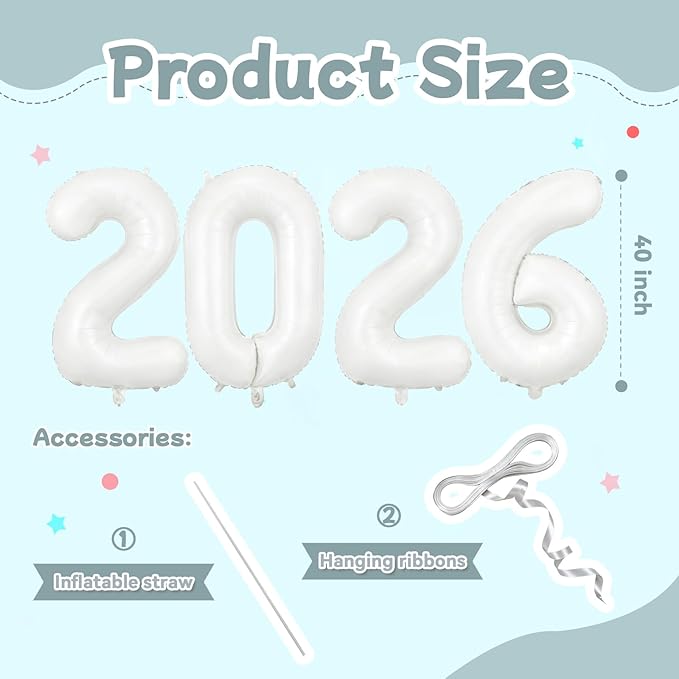 White 2026 Balloons, Jumbo 40 Inch Foil 2026 Number Balloons, Grad Balloons for Class of 2026 Graduation Party, White Matellic Foil New Year Birthday Home Office Party Supplies