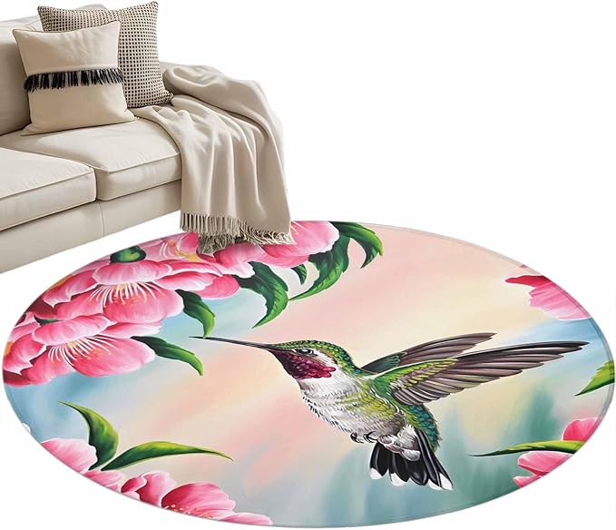 Washable Round Area Rug Hummingbird Flower Peach Blossom Circle Rugs Floor Carpet for Living Room Bedroom, Nature Oil Painting Art Soft Non Slip Round Rug 4ft