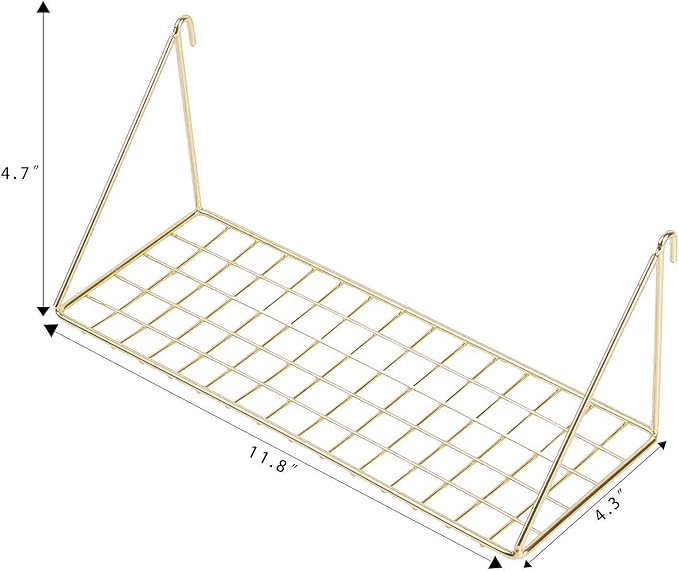 Straight Flat Display Shelf for Wall Grid Panel, Wire Hanging Organizer Rack Bin Storage Mountable, 11.8" Width x 4.3" Depth, Gold
