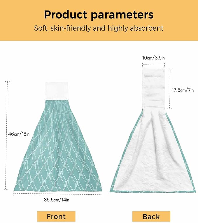 Alandar Home Kitchen Tie Towel Set of 2, White Wave Stripe on Teal Absorbent Soft Hand Towels for Bathroom Hanging Towels, Abstract Geometric Texture Fast Drying Cleaning Cloth with Loop