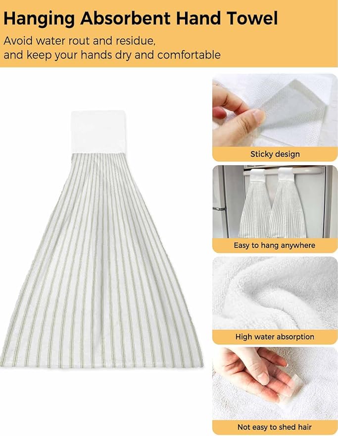 Alandar Home Kitchen Tie Towel Set of 1, Sage Green Striped on White Art Absorbent Soft Hand Towels for Bathroom Hanging Towels, Minimalist Modern Texture Fast Drying Cleaning Cloth with Loop