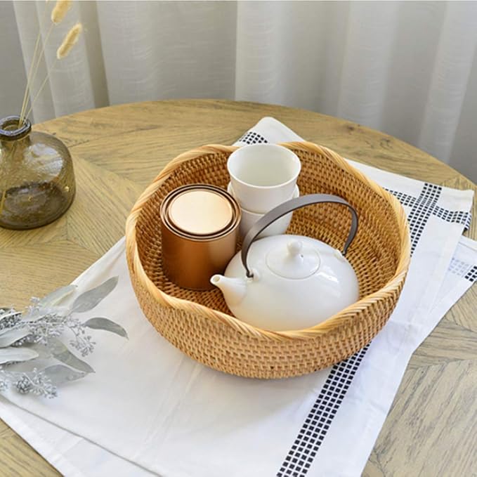 Handmade Rattan Round Fruit Basket Food Storage Bowls Kitchen Organizer Snack Serving Bowl, 11 Inch Boho Wicker Bread Bowl Woven Basket Décor for Nuts with 3”Side and Wavy Edge (Large 11")