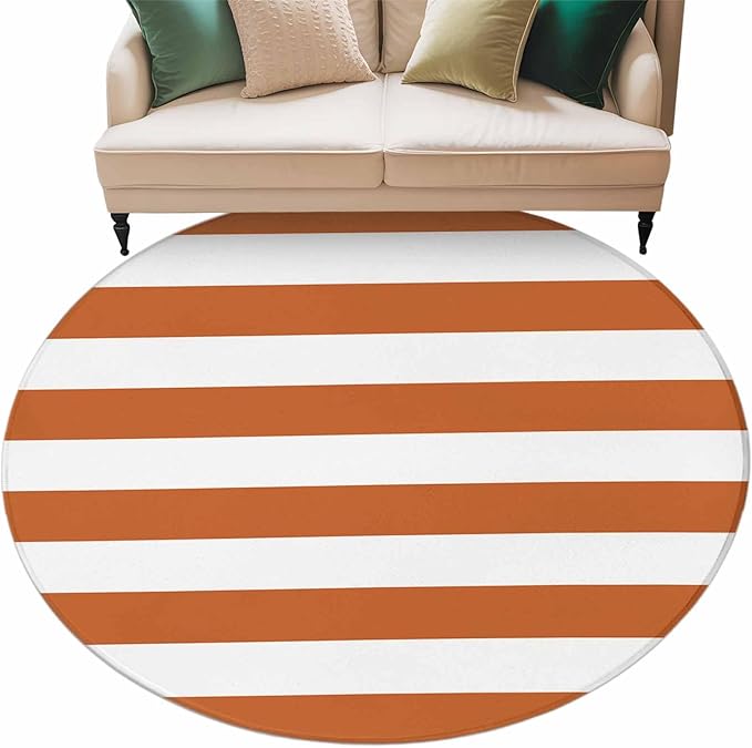Washable Round Area Rug Farmhouse Classic Stripes Circle Rugs Floor Carpet for Living Room Bedroom, Orange White Soft Non Slip Round Rug 5ft