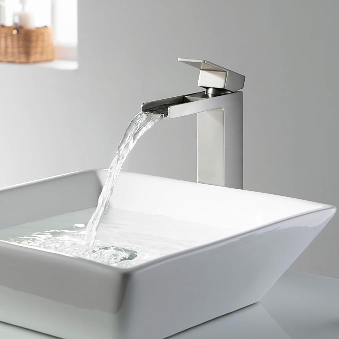 KIBI Waterfall Bathroom Sink Faucet | Single Handle Brass Vanity Faucet with Water Supply Hose | Durable Brass Construction and Smooth Water Flow | Brushed Nickel, KBF1005 (Pop Up Drain Included)