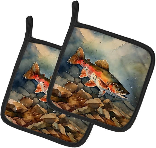 Caroline's Treasures Brook Trout Pair of Pot Holders Kitchen Heat Resistant Pot Holders Sets Oven Hot Pads for Cooking Baking BBQ, 7 1/2 x 7 1/2