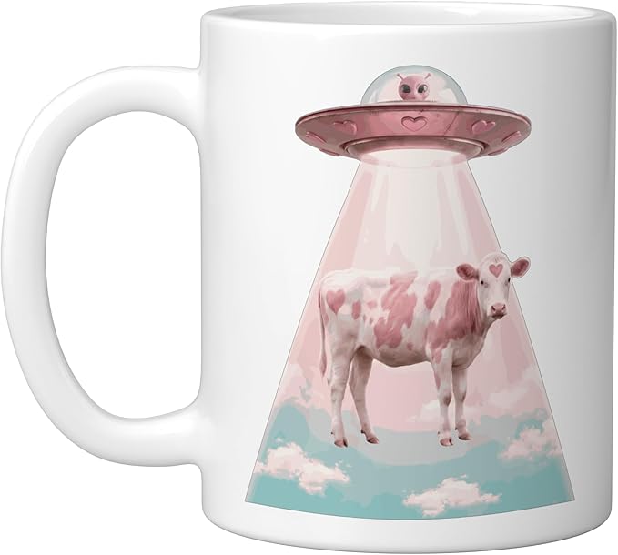 Funy Pink Heart Cow Alien Abduction UFO Space Nerd Ceramic Mug, White