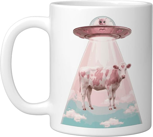 Funy Pink Heart Cow Alien Abduction UFO Space Nerd Ceramic Mug, White