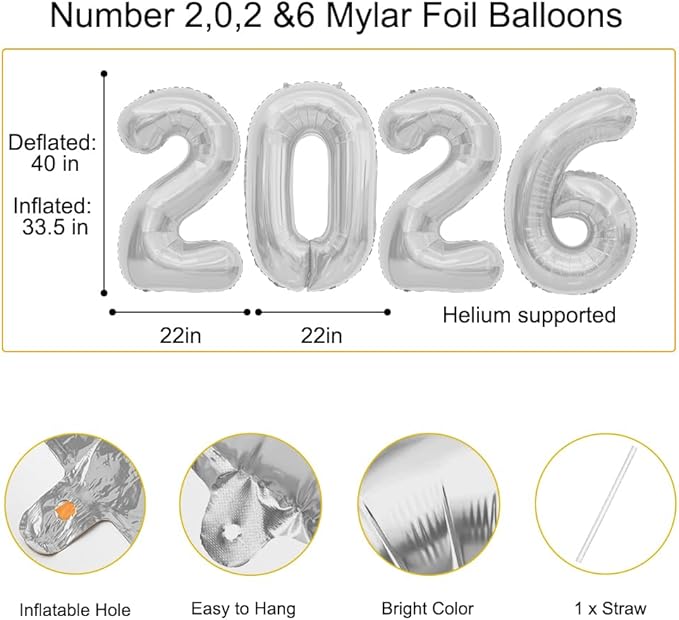 2026 Balloons Silver 2026 Foil Number Balloons, 40 inch 2026 Balloons New Year, Large 2026 Mylar Balloons for 2026 New Years Eve Party Supplies Festival Birthday Anniversary Graduation Decorations