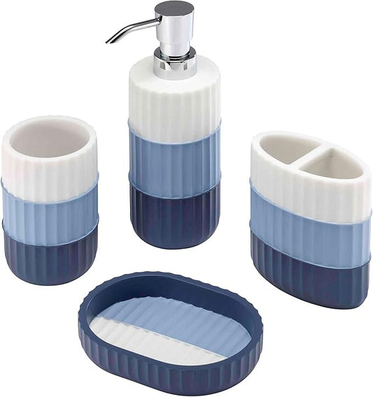 Izod - Bathroom Set, 4pc Countertop Accessories, Tumbler, Toothbrush Holder, Soap Dish & Lotion Pump, Striped Resin Decor, Dorm Room Essentials (Clubhouse Collection, Blue)