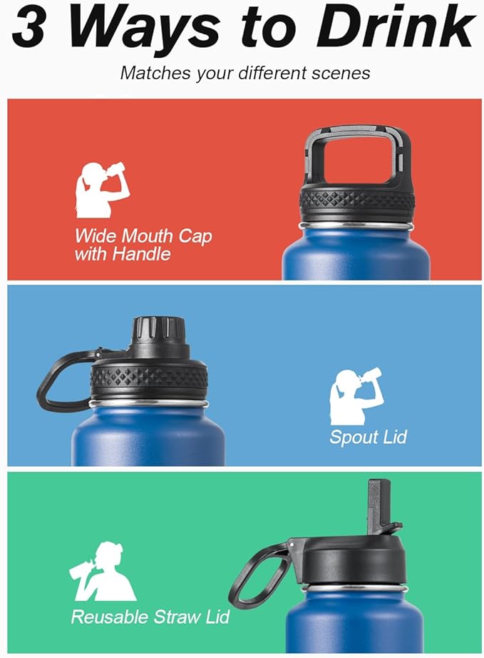 Coolflask Water Bottle 40 oz Insulated with Straw, Stainless Steel Metal 3 Lids Water Flask for Sports or Office, Keep Cold 48H Hot 24H, King's Blue